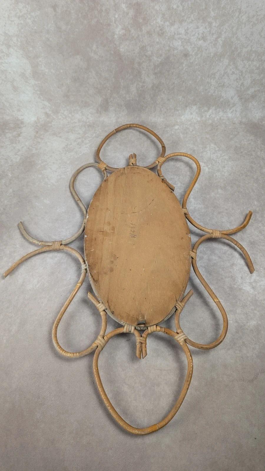 Grand miroir vintage en rotin ovale – Années 50/60 – Rotin bohème