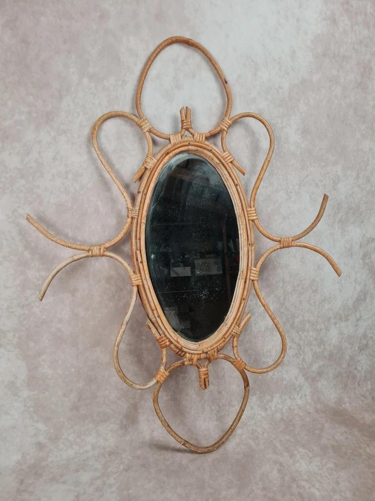 Grand miroir vintage en rotin ovale – Années 50/60 – Rotin bohème