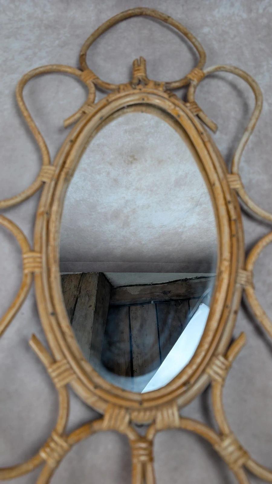 Grand miroir vintage en rotin ovale – Années 50/60 – Rotin bohème