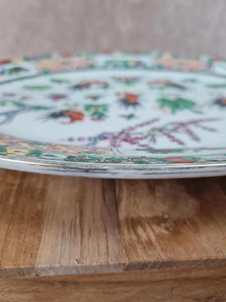 🐓 Grand plat ovale en porcelaine chinoise Famille - rose – décor de coqs et fleurs