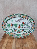 🐓 Grand plat ovale en porcelaine chinoise Famille - rose – décor de coqs et fleurs