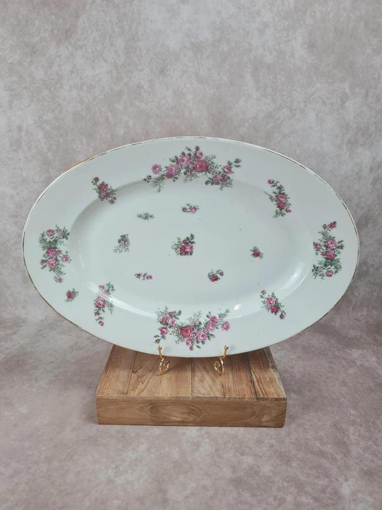 🌹 Grand plat ovale en porcelaine décor fleurs anciennes