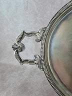Grand plateau ancien en métal argenté, style rococo à poignées ouvragées