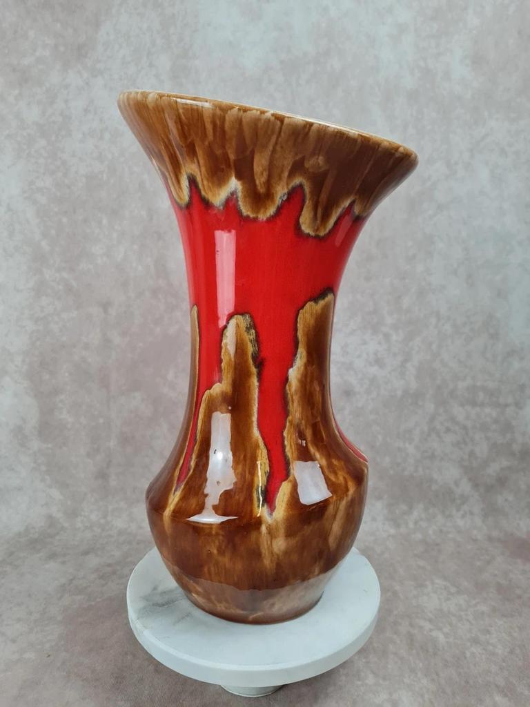 🏺 Grand vase vintage signé Baudin 83 – émaillé rouge et brun