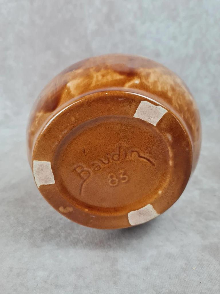 🏺 Grand vase vintage signé Baudin 83 – émaillé rouge et brun