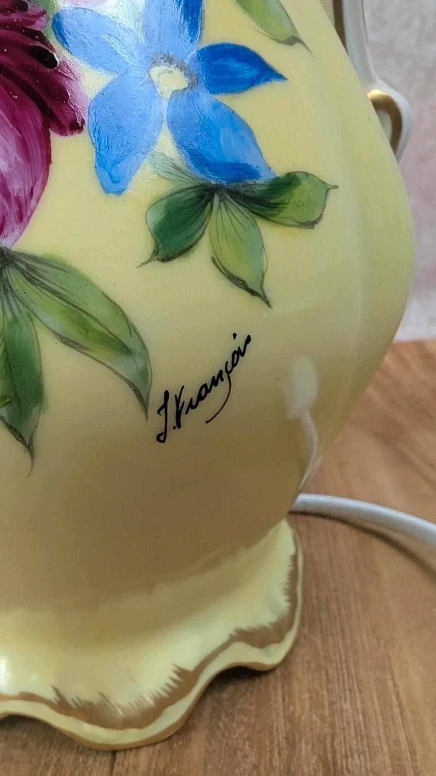 Lampe ancienne en porcelaine de Limoges Lucien Michelaud – décor main signé J. François