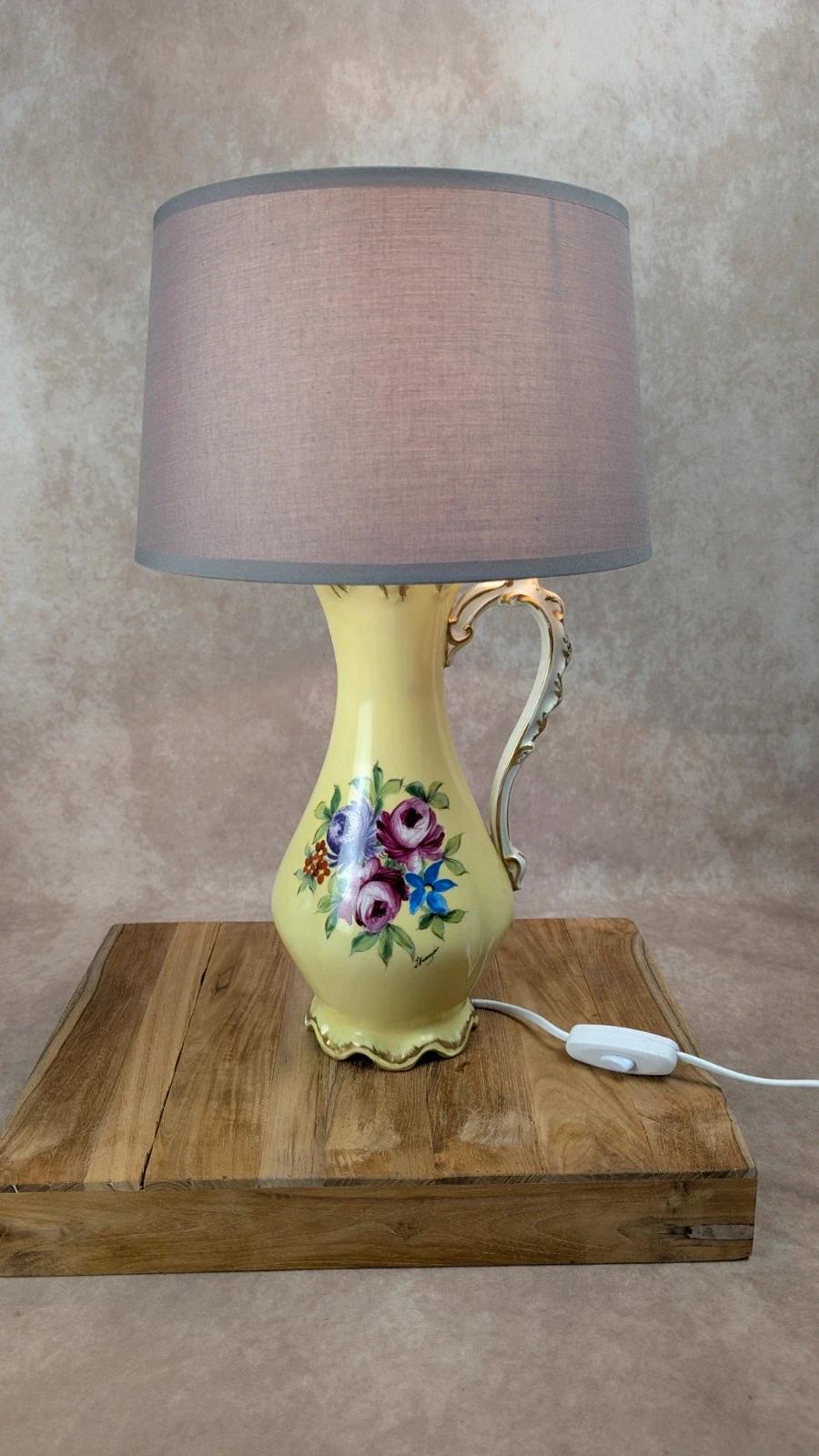 Lampe ancienne en porcelaine de Limoges Lucien Michelaud – décor main signé J. François