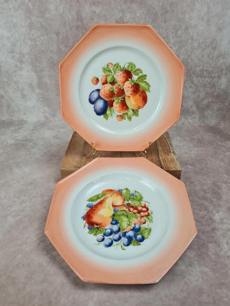 Lot 2 assiettes vintage Limoges M&d – Fruits, porcelaine octogonale