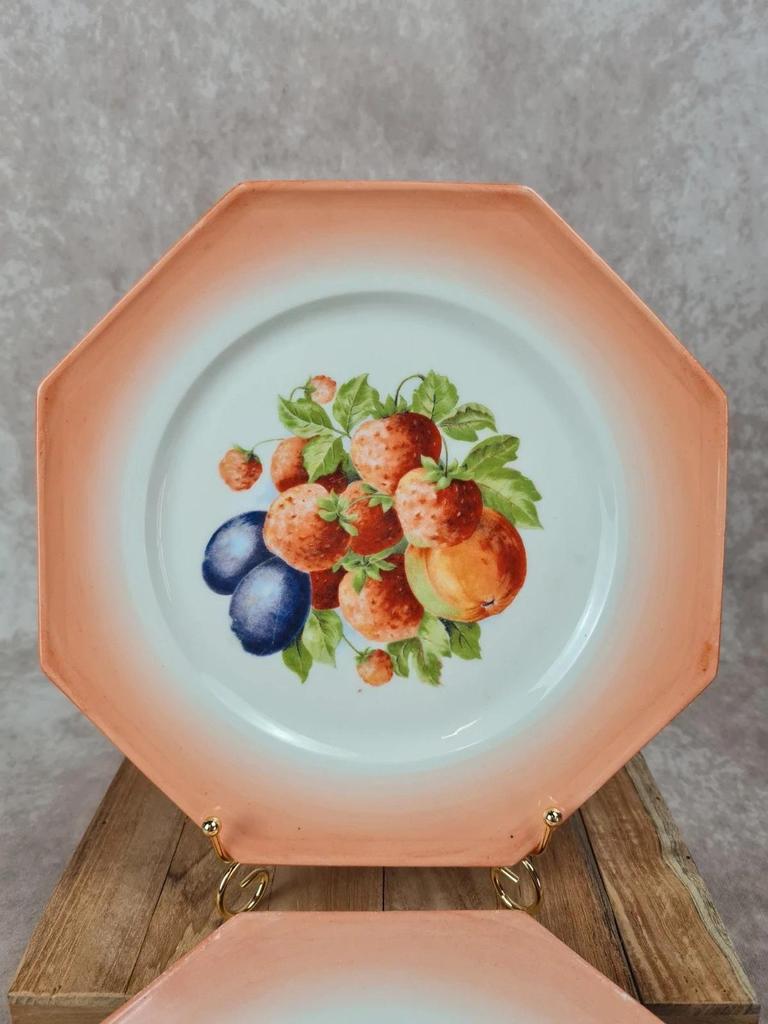 Lot 2 assiettes vintage Limoges M&d – Fruits, porcelaine octogonale