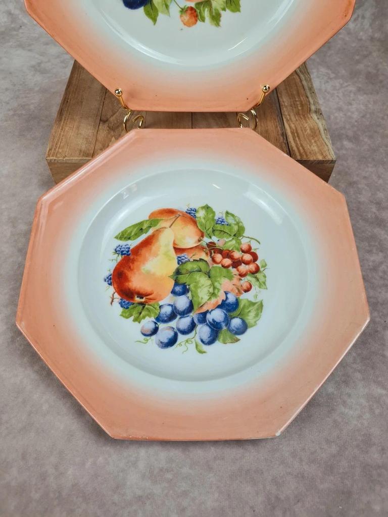 Lot 2 assiettes vintage Limoges M&d – Fruits, porcelaine octogonale