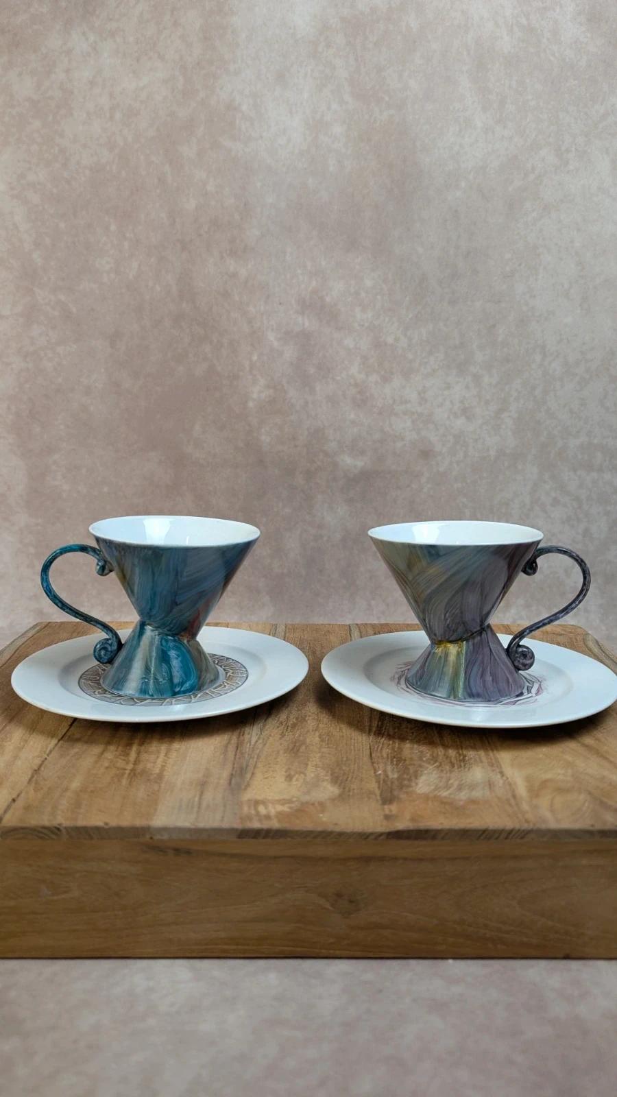 Lot de 2 tasses + soucoupes – Porcelaine de Limoges décorée main
