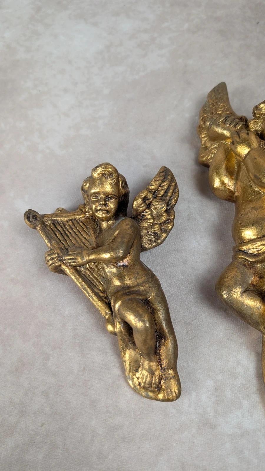 Lot de 3 anges musiciens muraux dorés en plâtre vintage