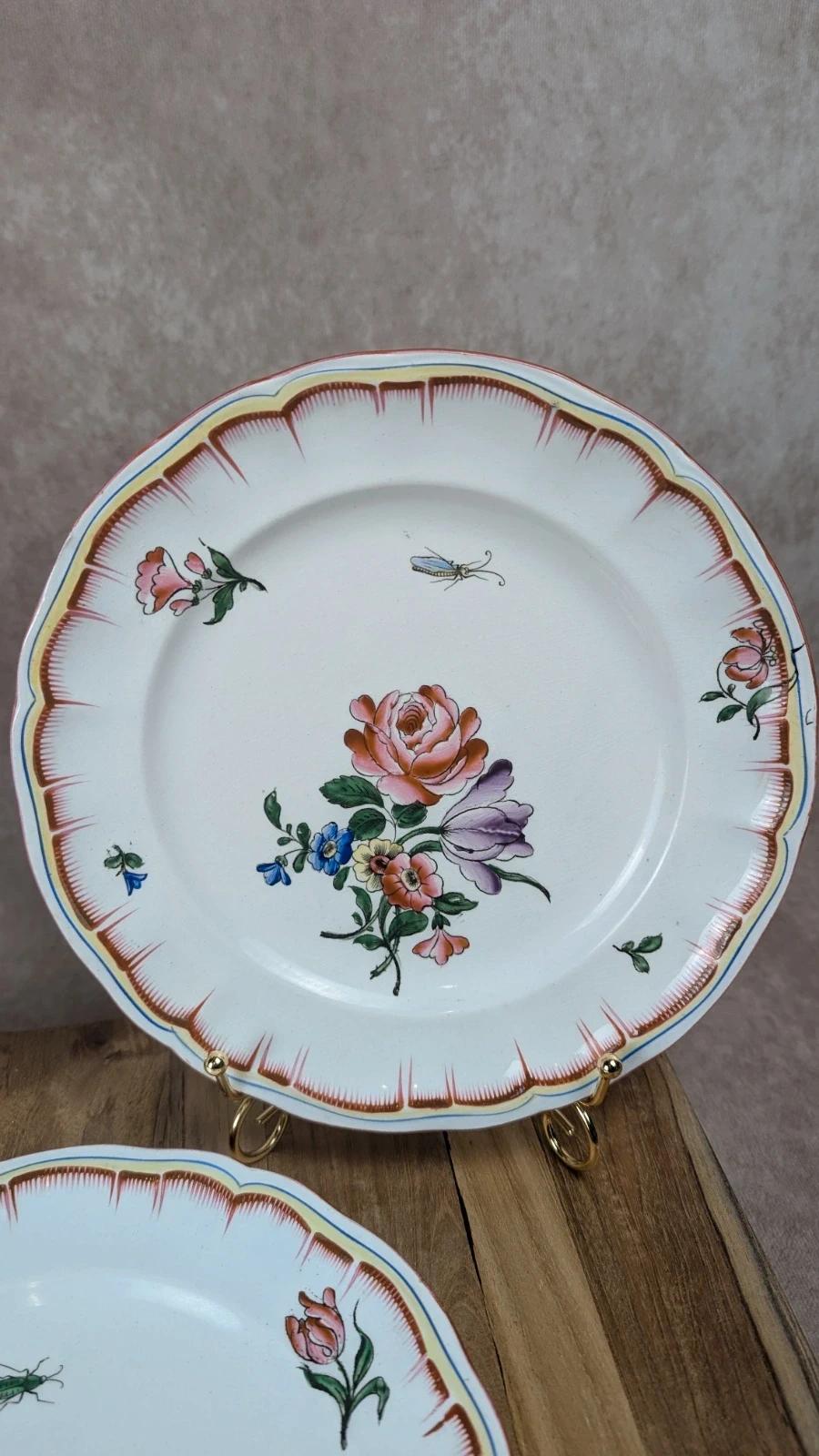 Lot de 3 assiettes anciennes Luneville décor floral & insectes