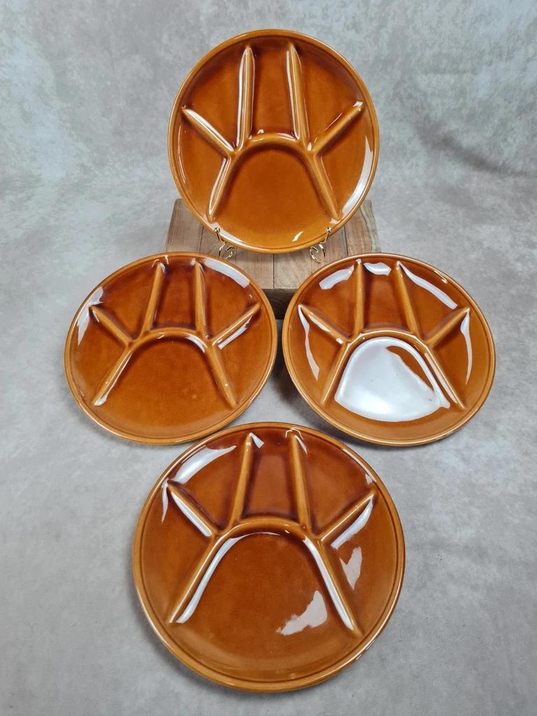 🍂 Lot de 4 assiettes à compartiments vintage – émaillé caramel 🍂