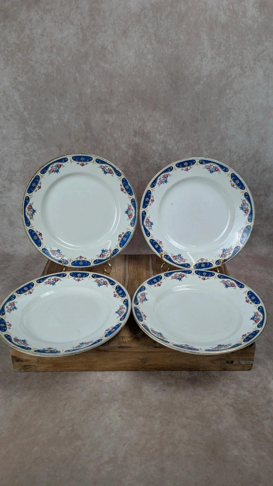 Lot de 4 assiettes Moulin des Loups – décor bleu & fleuri vintage