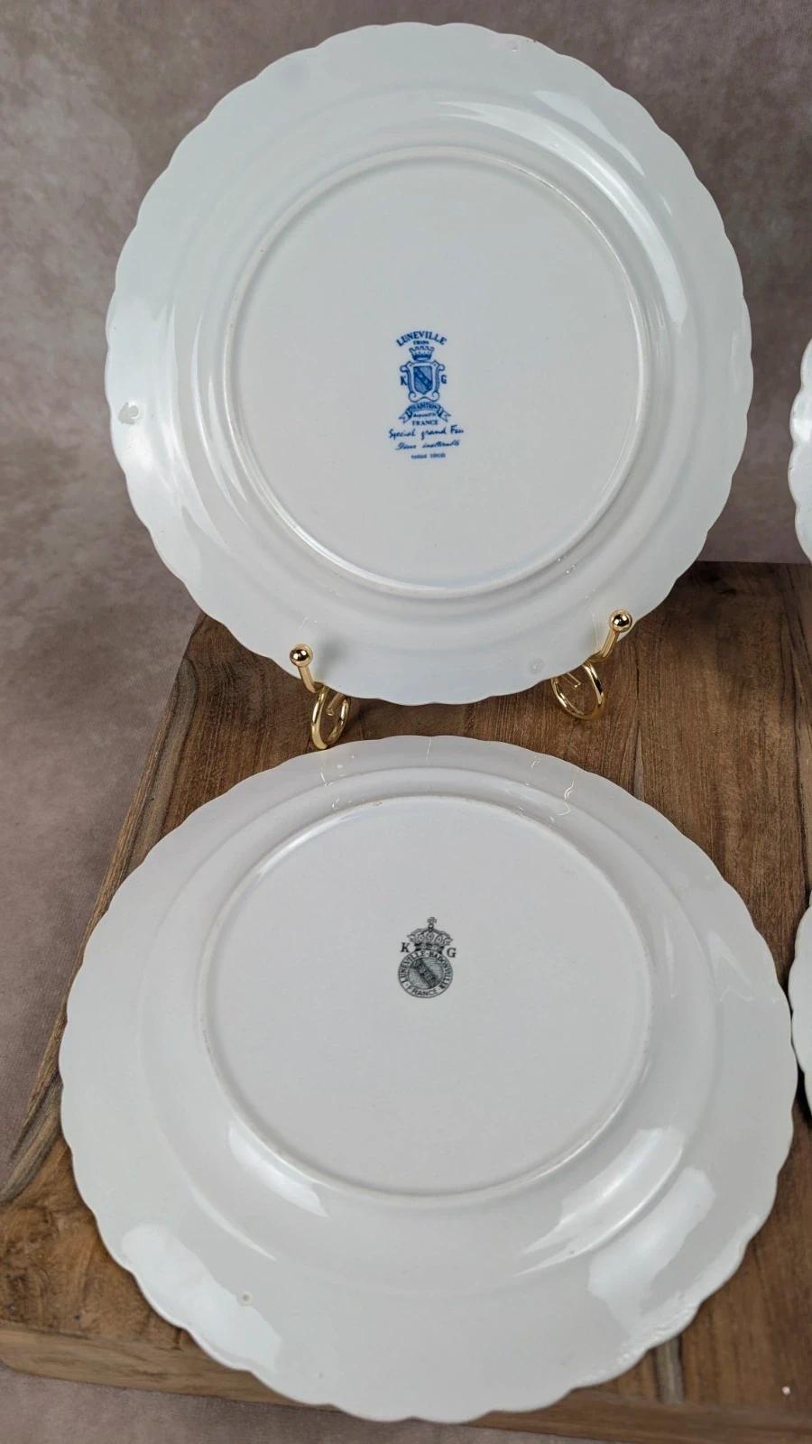 Lot de 4 petites assiettes Kg Lunéville Badonviller – décor fleuri bleu ancien