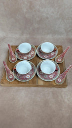 Lot de 4 tasses chinoises + soucoupes & cuillères – Décor asiatique rouge
