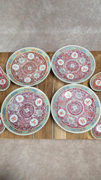 Lot de 4 tasses chinoises + soucoupes & cuillères – Décor asiatique rouge