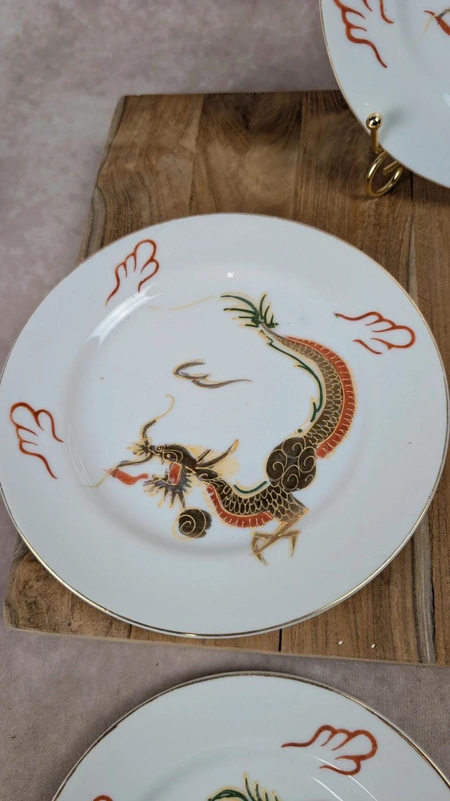 Lot de 5 assiettes à dessert dragon doré – porcelaine japonaise vintage