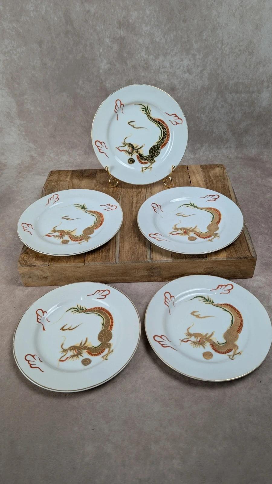 Lot de 5 assiettes à dessert dragon doré – porcelaine japonaise vintage