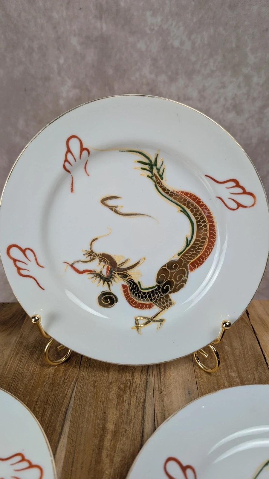 Lot de 5 assiettes à dessert dragon doré – porcelaine japonaise vintage