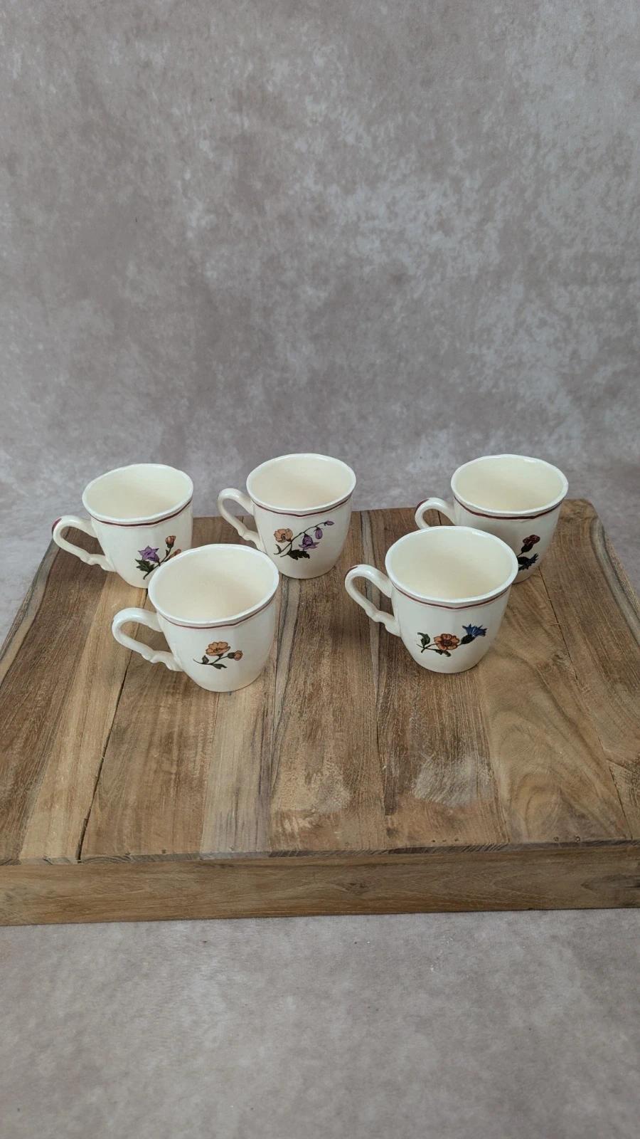 Lot de 5 tasses vintage Sarreguemines France – décor floral champêtre