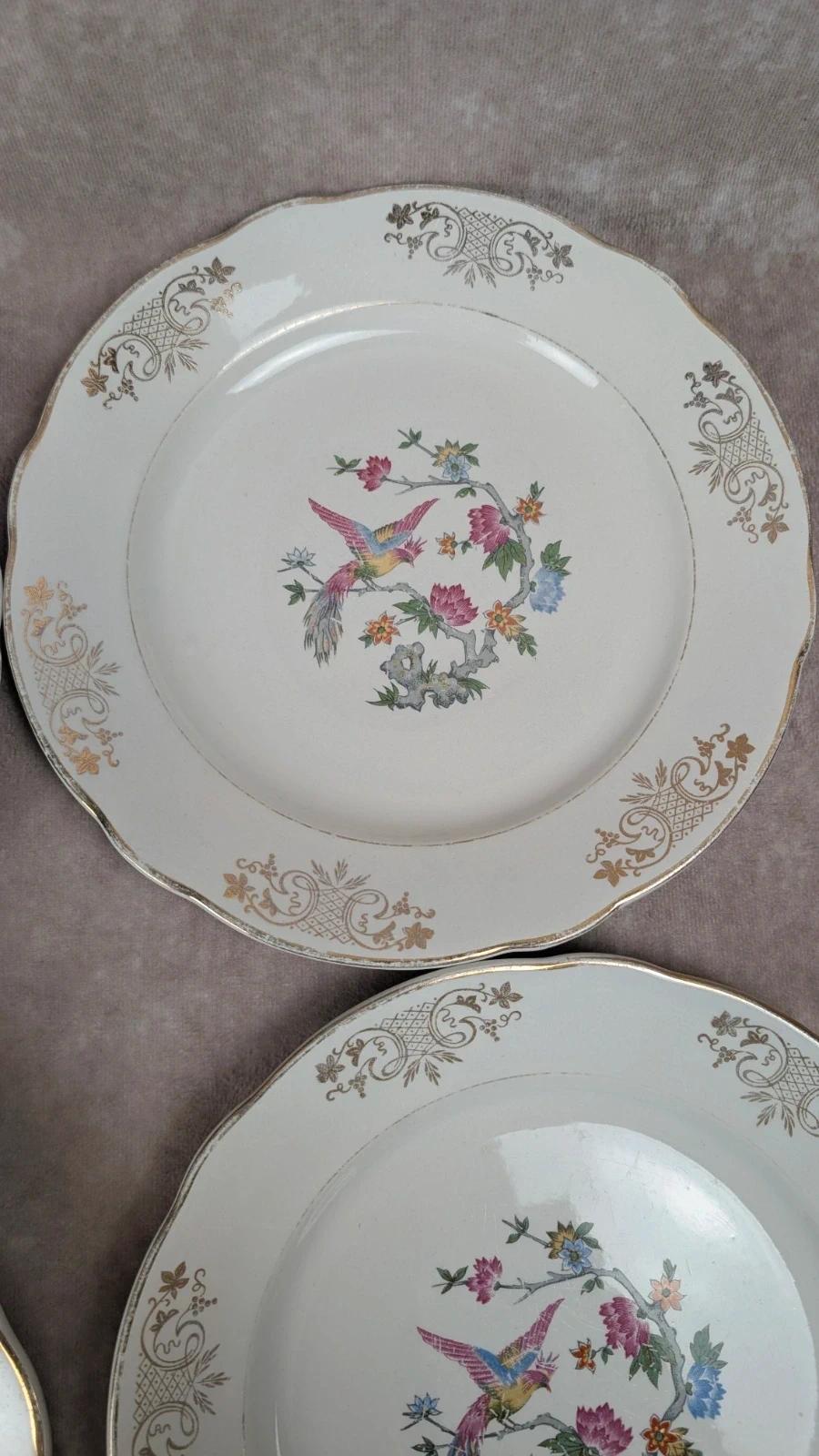 Lot de 6 assiettes anciennes Kg Luneville France – décor oiseau et dorure florale