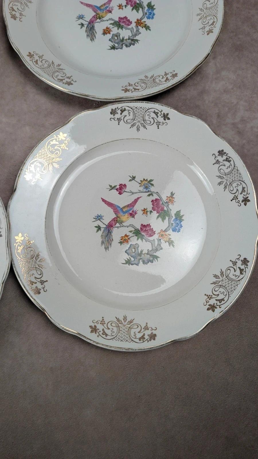 Lot de 6 assiettes anciennes Kg Luneville France – décor oiseau et dorure florale