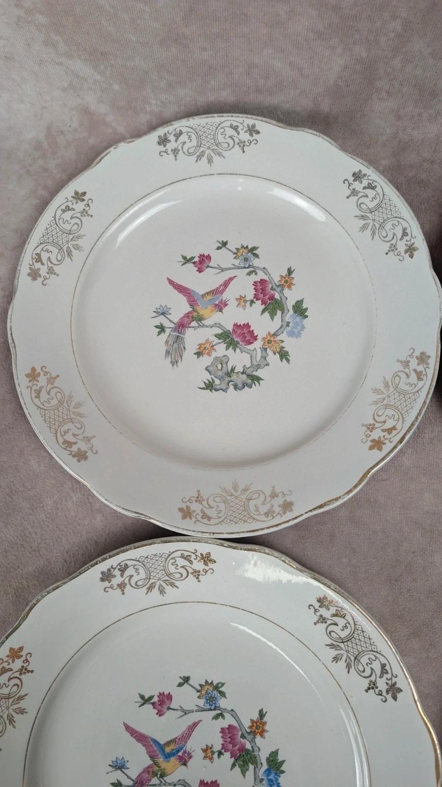 Lot de 6 assiettes anciennes Kg Luneville France – décor oiseau et dorure florale
