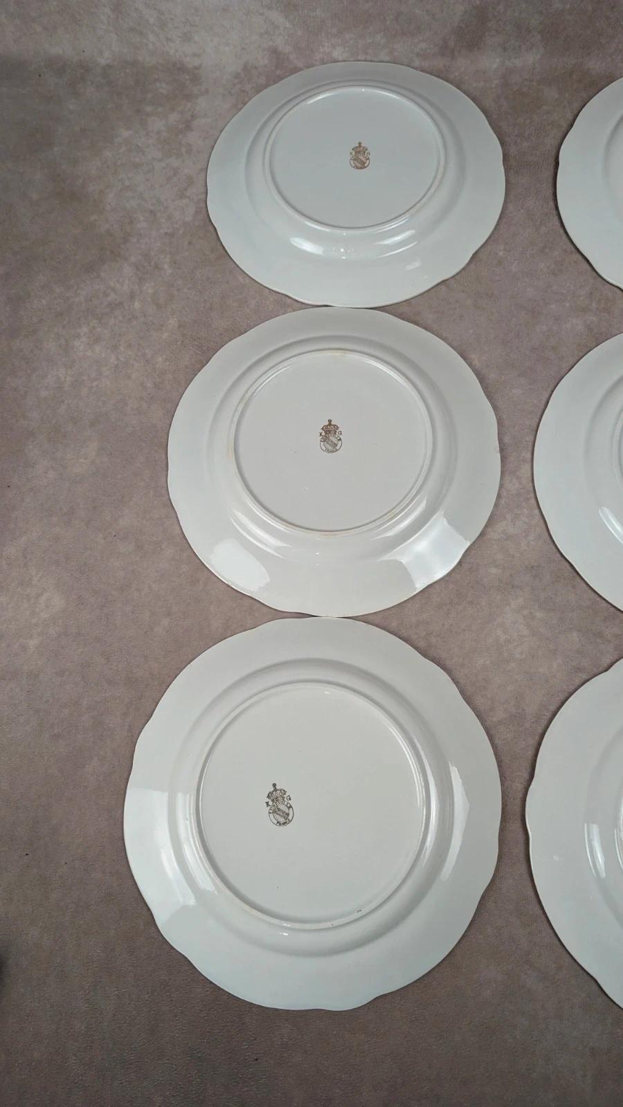 Lot de 6 assiettes anciennes Kg Luneville France – décor oiseau et dorure florale