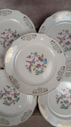 Lot de 6 assiettes anciennes Kg Luneville France – décor oiseau et dorure florale