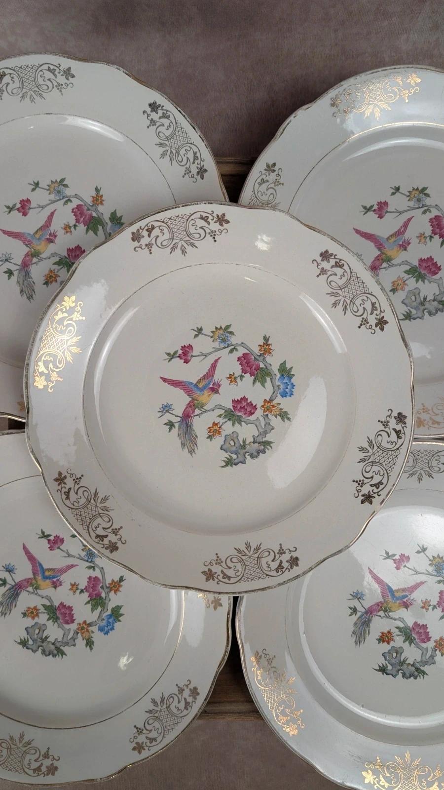 Lot de 6 assiettes anciennes Kg Luneville France – décor oiseau et dorure florale