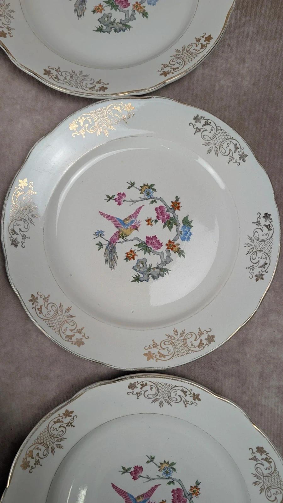 Lot de 6 assiettes anciennes Kg Luneville France – décor oiseau et dorure florale