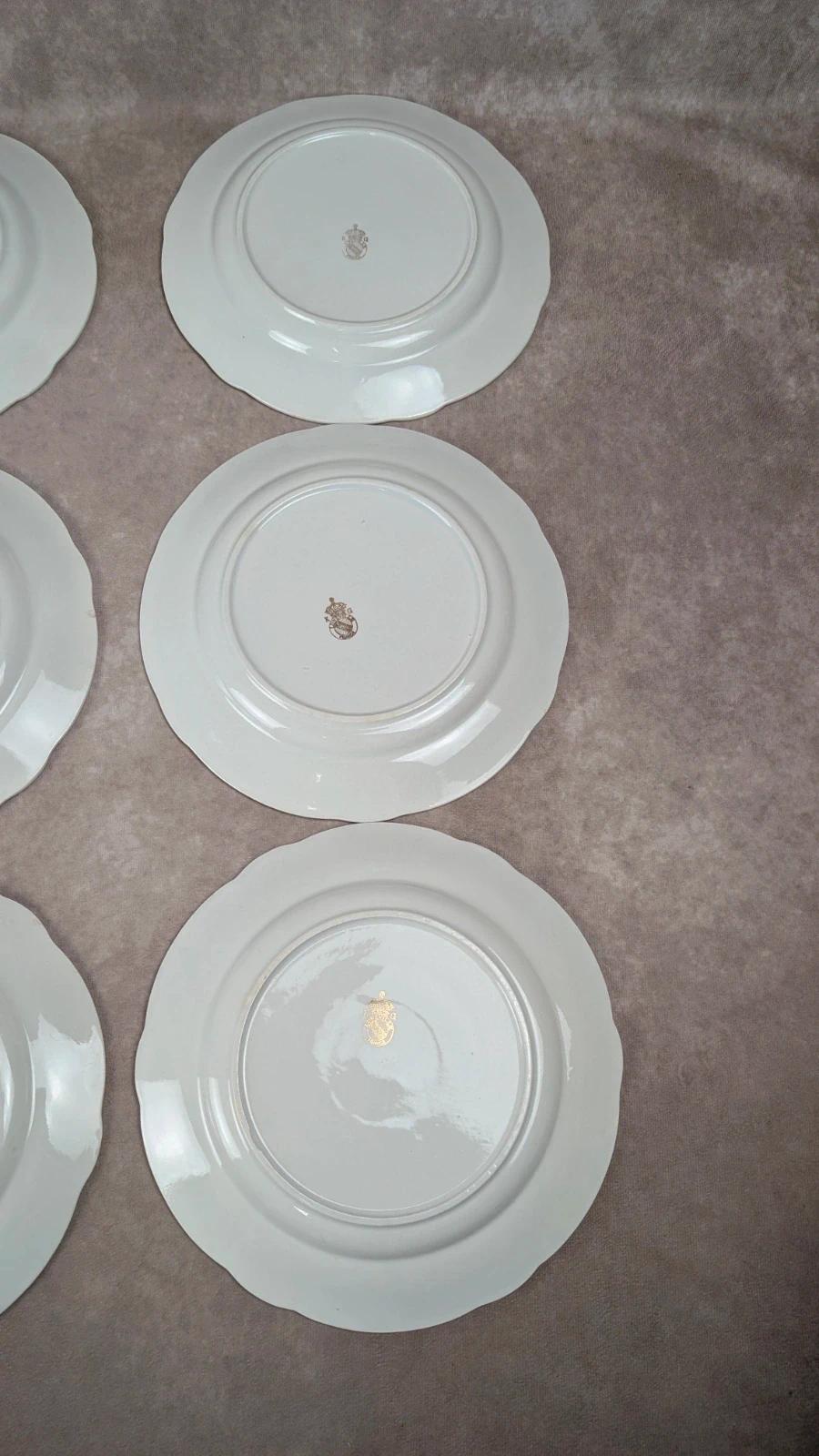 Lot de 6 assiettes anciennes Kg Luneville France – décor oiseau et dorure florale