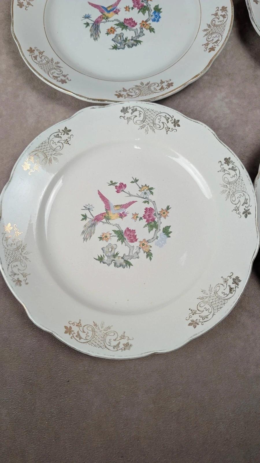 Lot de 6 assiettes anciennes Kg Luneville France – décor oiseau et dorure florale