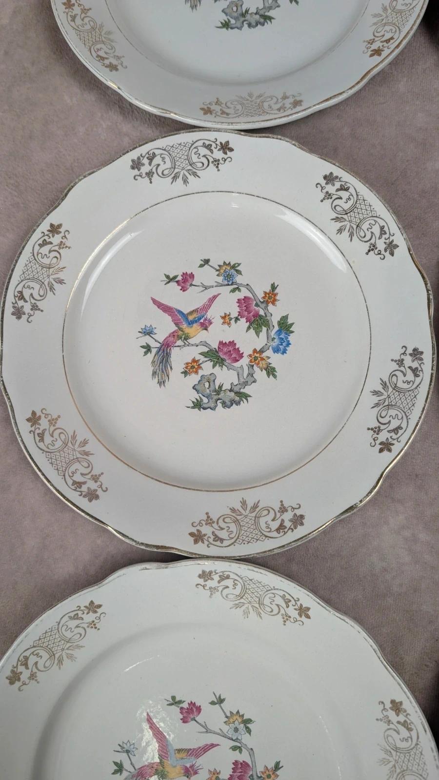 Lot de 6 assiettes anciennes Kg Luneville France – décor oiseau et dorure florale