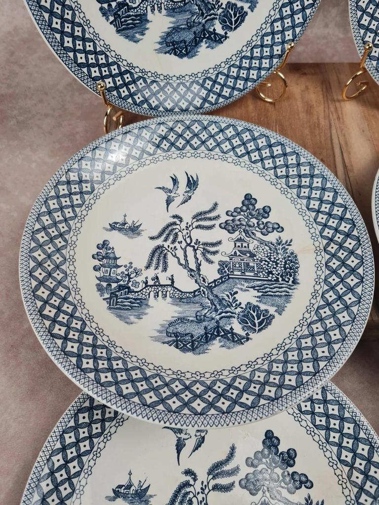 Lot de 6 assiettes anciennes Sarreguemines – décor bleu style Willow