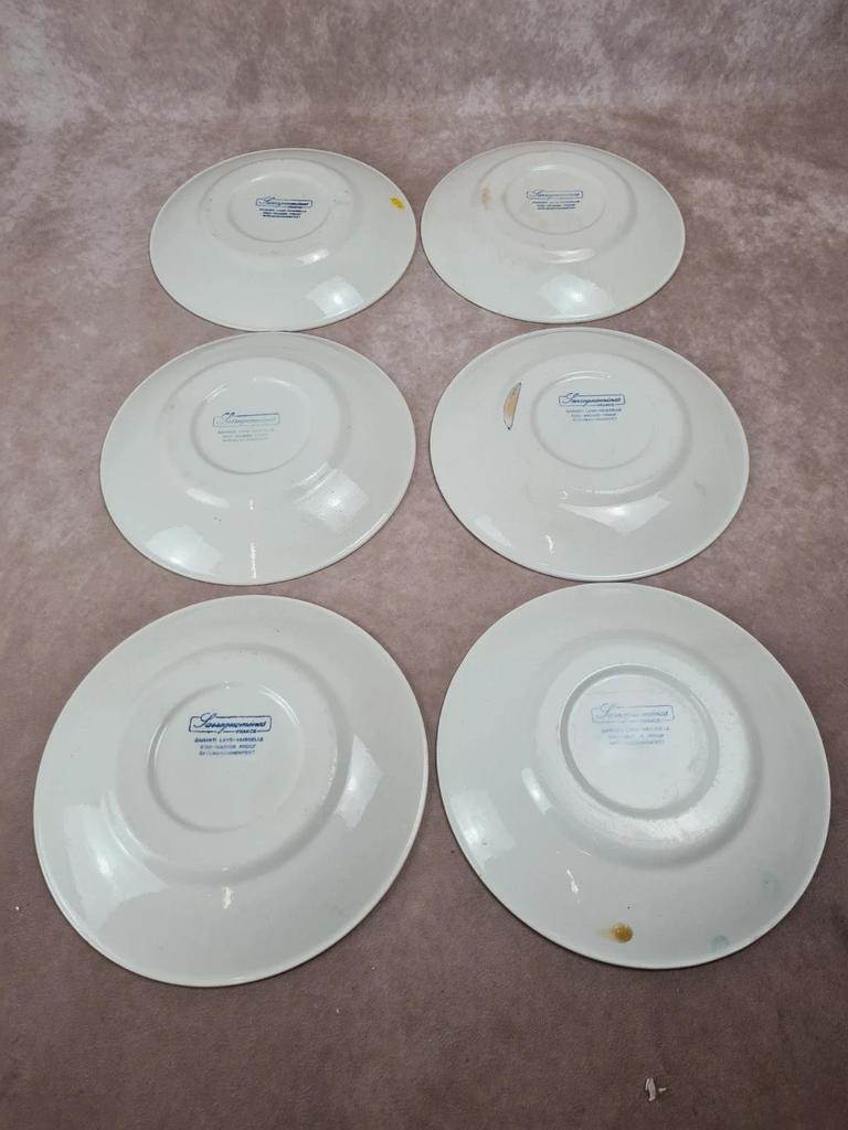 Lot de 6 assiettes anciennes Sarreguemines – décor bleu style Willow