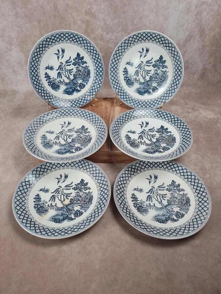 Lot de 6 assiettes anciennes Sarreguemines – décor bleu style Willow