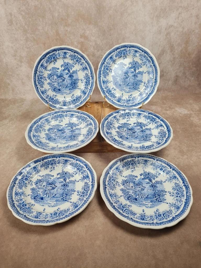 Lot de 6 assiettes plates Kg Lunéville, modèle The Cottage, décor bleu grand feu 🇫🇷