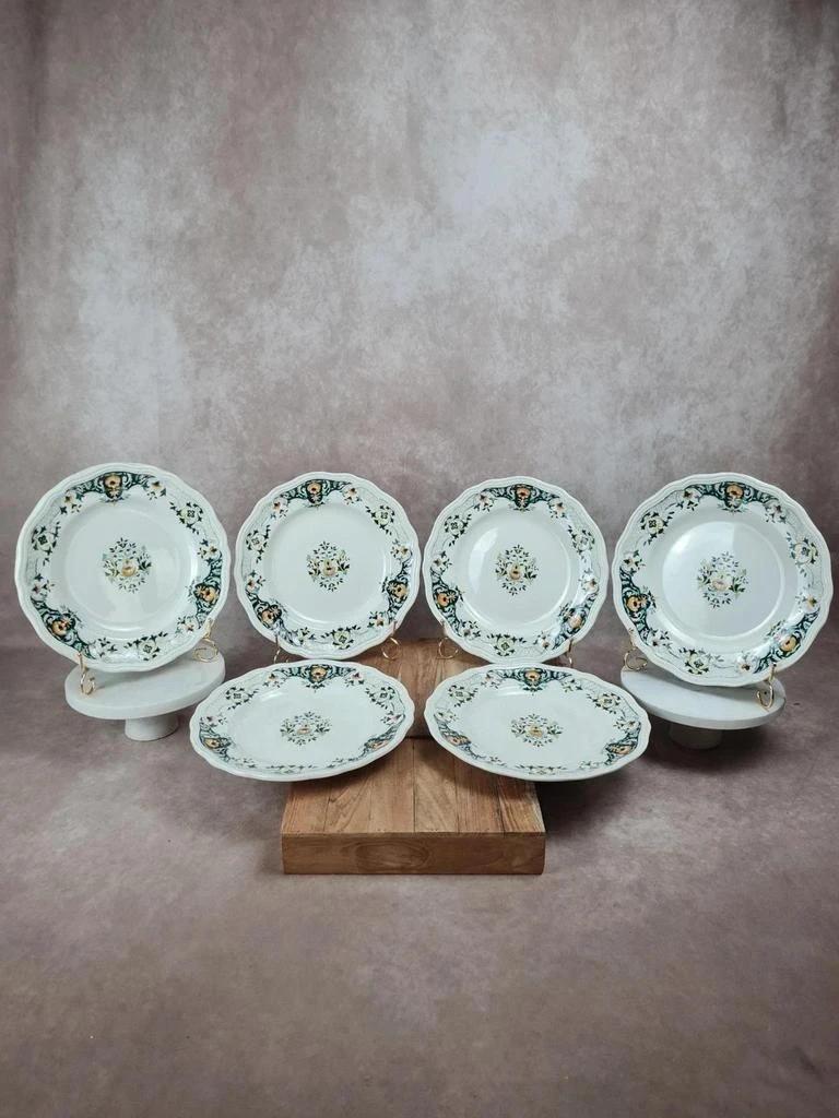 Lot de 6 assiettes plates Longchamp – décor Lyon, faïence française des années 50 🇫🇷