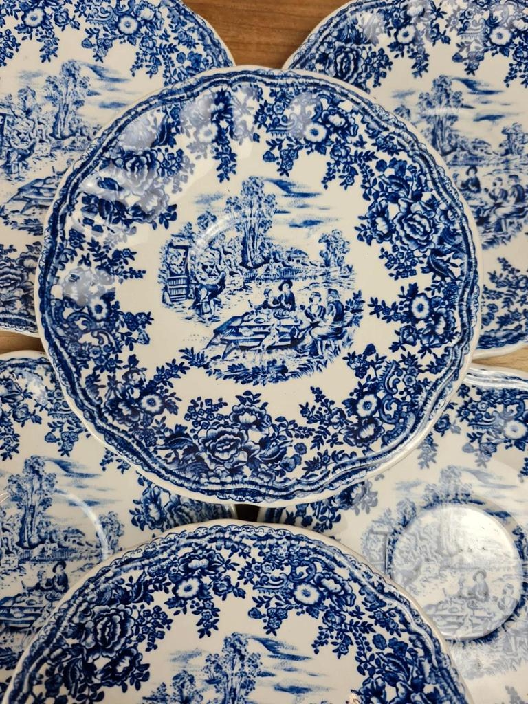 Lot de 6 soucoupes Kg Luneville, décor bleu toile de Jouy, série Spécial Grand Feu