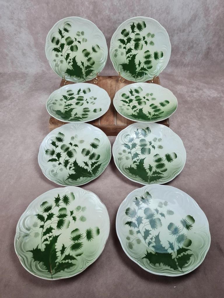Lot de 8 assiettes plates anciennes Badonviller, Modèle Chardon 🌿💚