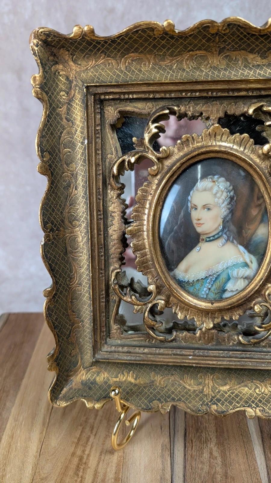 Miniature ancienne signée Portrait Belle Époque – cadre rocaille doré