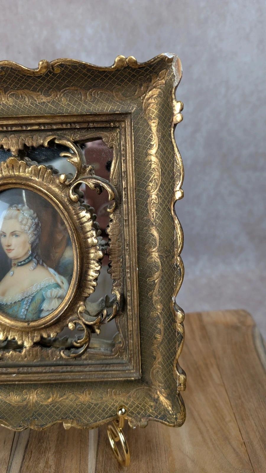 Miniature ancienne signée Portrait Belle Époque – cadre rocaille doré