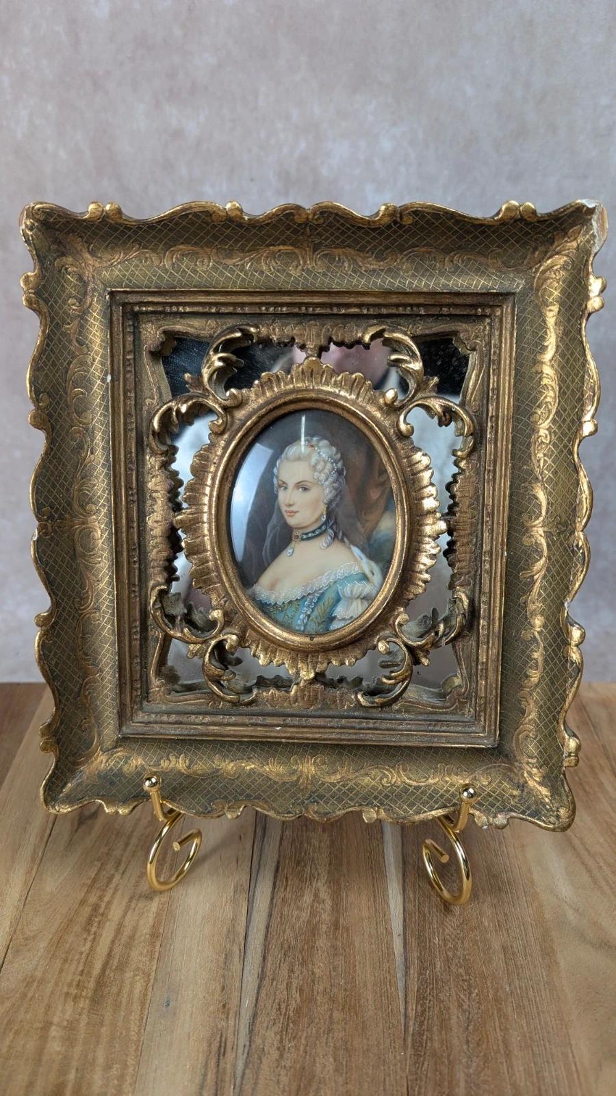 Miniature ancienne signée Portrait Belle Époque – cadre rocaille doré