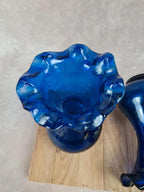 🌸 Paire de vases anciens bleu cobalt décor floral main