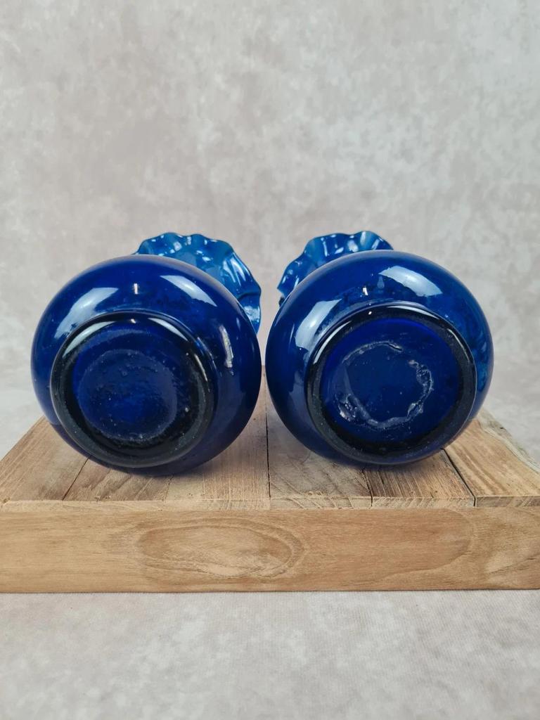 🌸 Paire de vases anciens bleu cobalt décor floral main