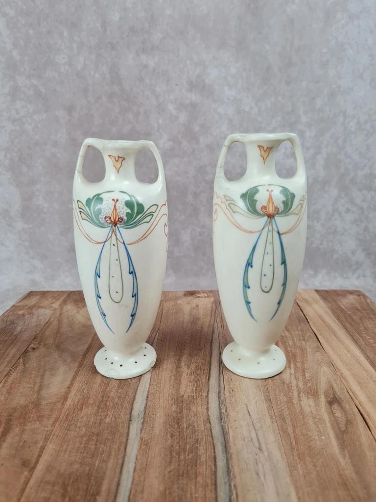 Paire de vases Art nouveau Arnhem 🇳🇱 faïence peinte main vers 1911 🌿