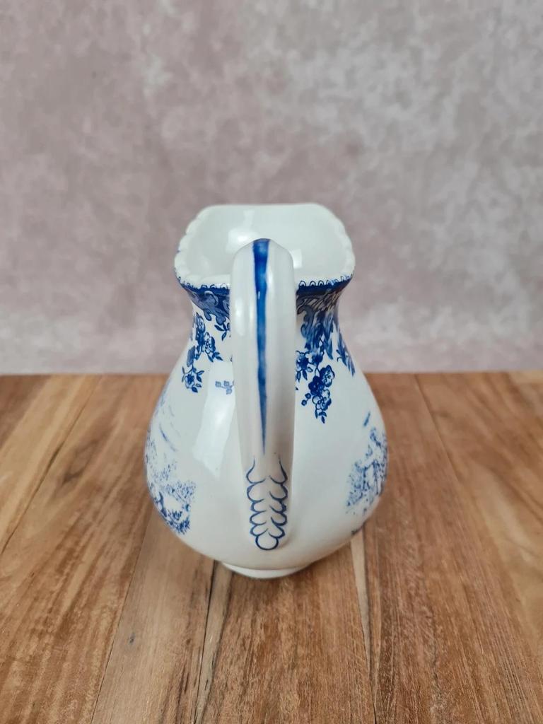 Petit pichet ancien K.g Lunéville 🇫🇷 modèle Toile de Jouy, décor bleu « Spécial Grand Feu »